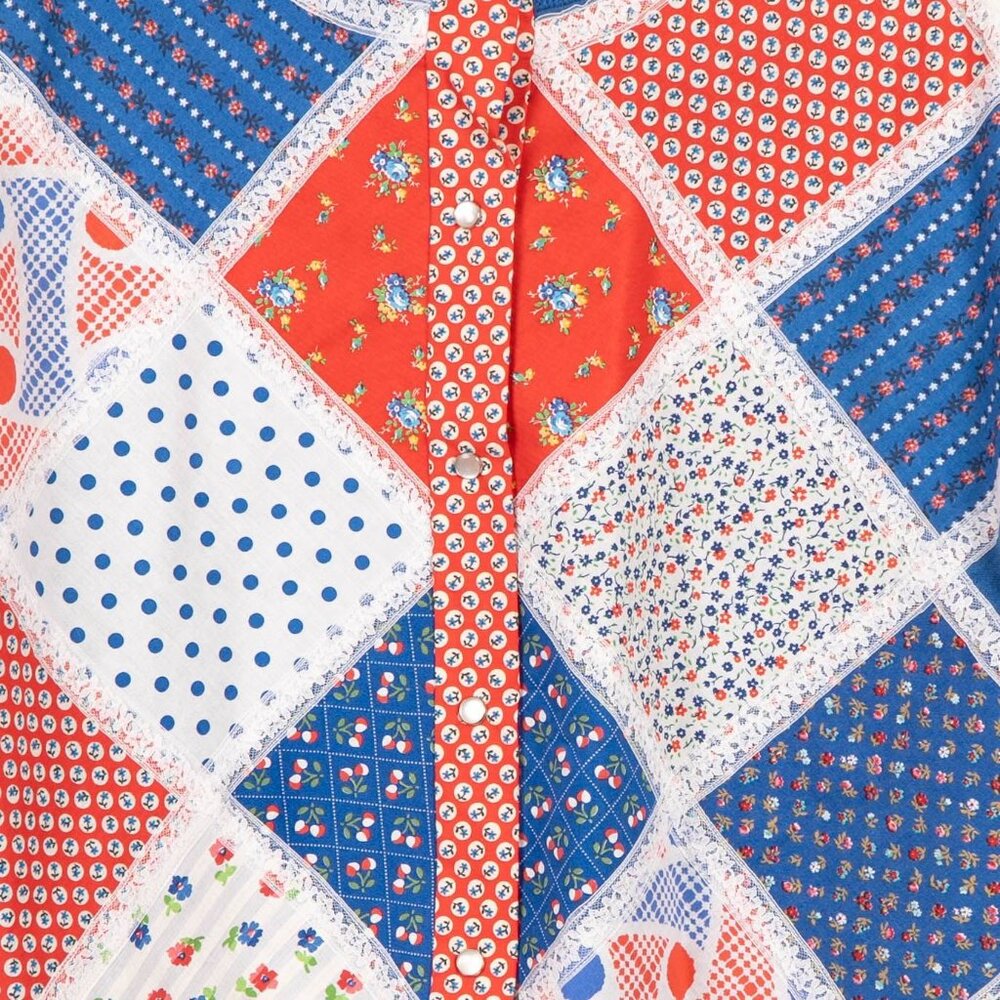 Patchwork Cardigan Sweatshirt M Blue Red Lace Floral 90s Mom Grammacore Dots - Picture 3 of 5